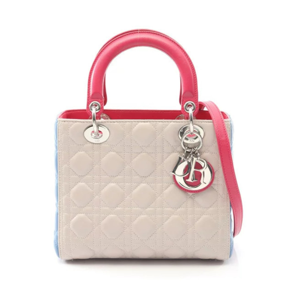 Dior LADY Beige Leather Handbag Cannage Pink Blue - Picture 2 of 8
